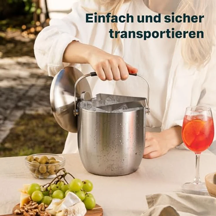 SILBERTHAL Eiswürfelbehälter Edelstahl 3L, Doppelwandig Isoliert mit Deckel & Zange, Eiskübel für Cocktails, Wein und Sekt – Bild 5