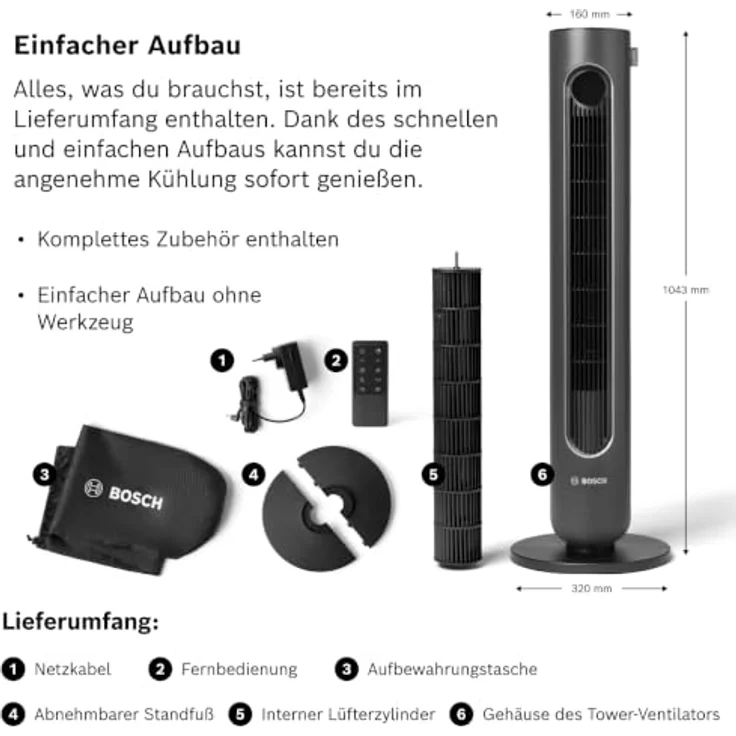 Bosch Home Comfort Tower Fan 6000 EU, Turmventilator mit 12 Geschwindigkeitsstufen und leisen DC-Motor – Bild 8