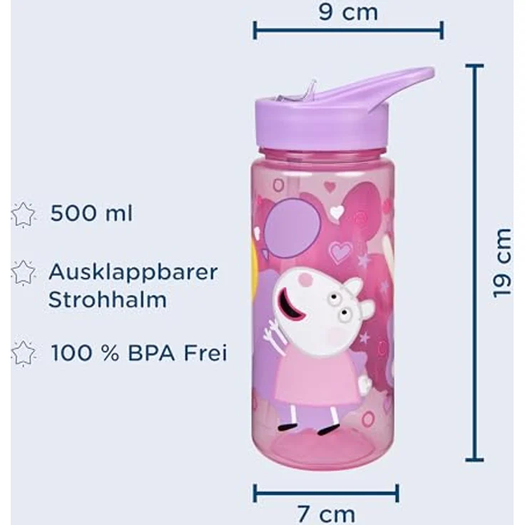 Peppa Pig Trinkflasche, 500 ml Getränkehalter für Schule und Freizeit, rosa – Bild 2