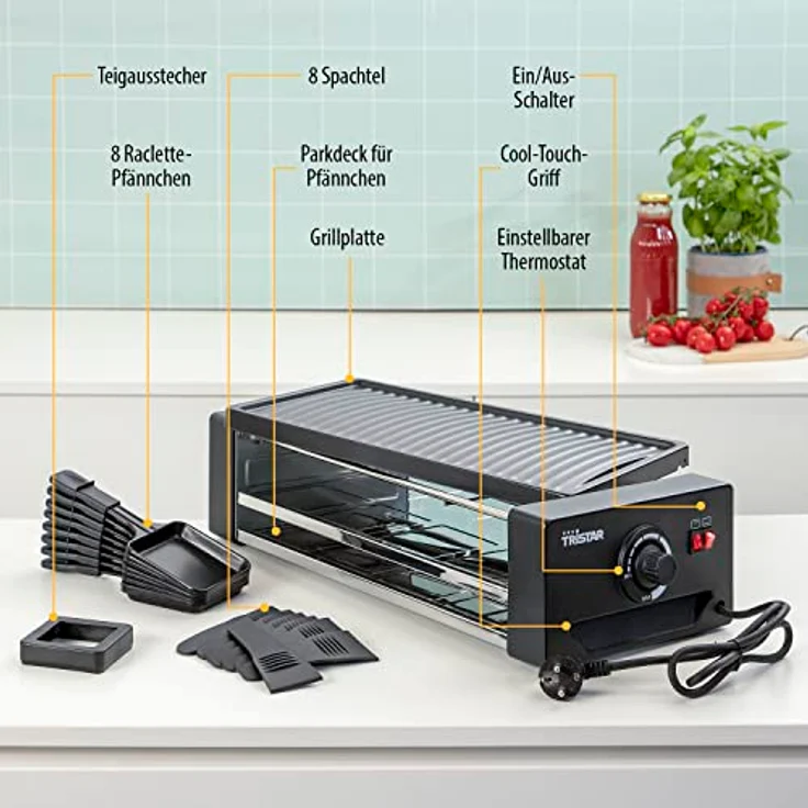 Tristar RA-2736 Multifunktionales Raclette- und Pizzagerät Einstellbarer Thermostat mit doppeltem Heizelement 43 x 23 cm Kochfläche für 8 Personen BPA-frei 1300 Watt, Schwarz – Bild 4