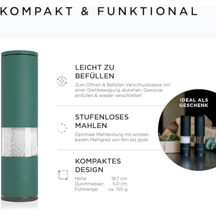 LARS NYSØM Salz und Pfeffer Mühle 2er Set Manuell mit einstellbarem Keramik-Mahlwerk von grob bis fein I Design Gewürzmühlenset (2 Stück) (Bayberry) – Bild 4