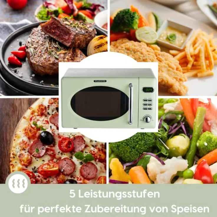 PKM WOLKENSTEIN Mikrowelle WMW720, Retro, Standgerät, 700 Watt, grün, 20 Liter Garraum, 8 Automatik-Programme, Drehteller, 60 Min Timer, Kindersicherung – Bild 3