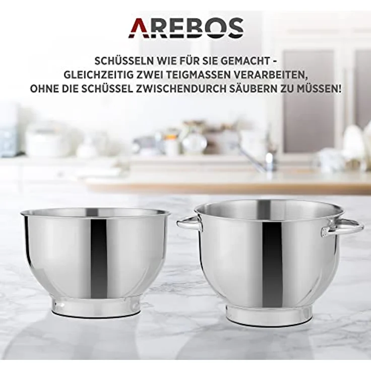 Arebos Küchenmaschine 1500W Türkis | Knetmaschine mit 2x Edelstahl-Rührschüsseln 4,5 & 5,5L | Geräuscharm | Küchenmixer mit Rührhaken, Knethaken, Schlagbesen und Spritzschutz | 6 Geschwindigkeiten – Bild 4