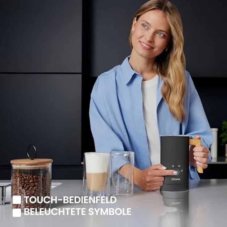 ZEEGMA MILKEE Milchaufschäumer, 500 W Leistung, 650 ml Kapazität, Touch-Bedienfeld, Antihaftbeschichtung, für kalte und warme Milch, elegantes Design mit Holzgriff – Bild 5