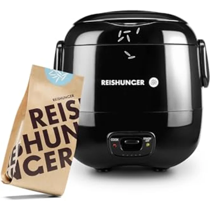 Reishunger Mini Reiskocher Starter Set, 0,3 L, Schwarz, elektrischer Reiskocher für 1-2 Portionen mit 8 Reissorten – Bild 1