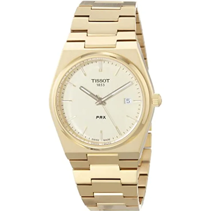 Tissot Schweizer Uhr PRX Herrenuhr Quarz, gelbgoldfarbene PVD-Beschichtung, 100m Wasserdicht