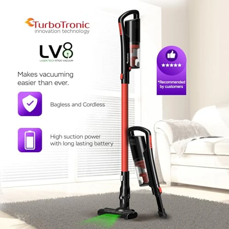 TurboTronic TT-LV8, Akku-Hand- und Stielstaubsauger mit LASER-LED, 120W, 11 kPa, kabellos, leise < 80 dB, für Teppich & Hartboden – Bild 2