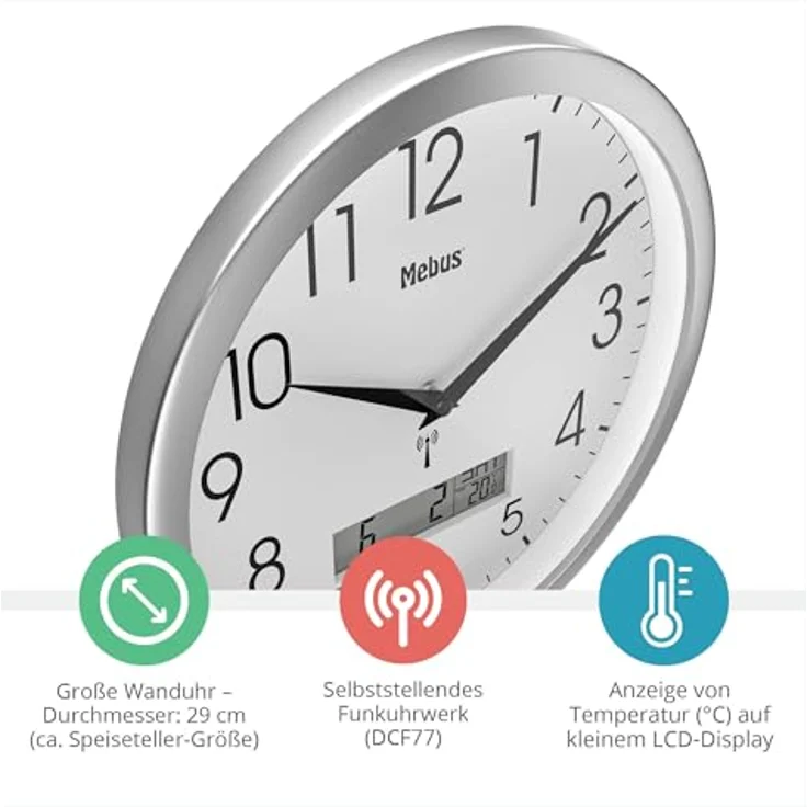 Mebus Funk-Wanduhr, 29 cm, lautlos, LCD-Anzeige für Datum und Temperatur, weiß, Modell 19422 - Multifunktional und leise – Bild 2