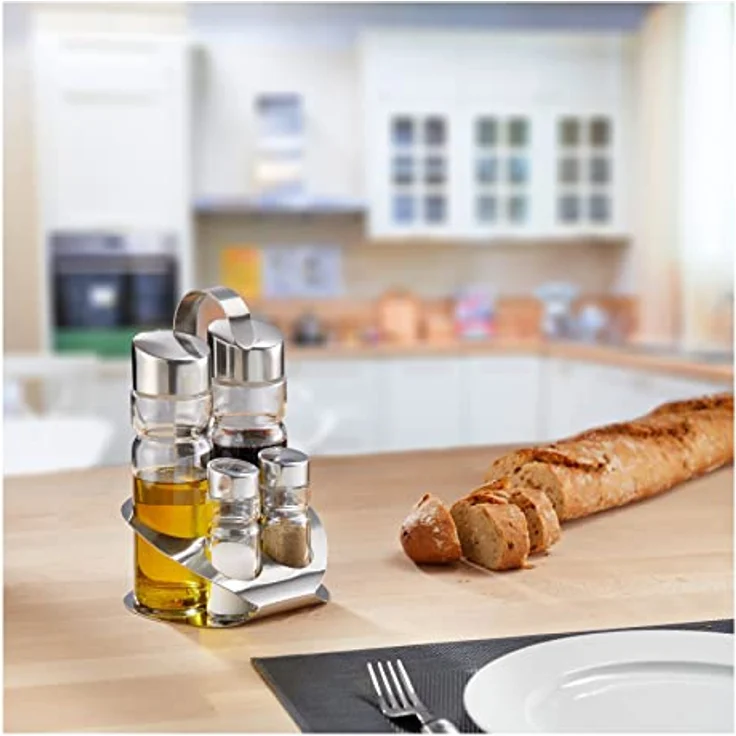 Westmark 4er-Menage für Salz, Pfeffer, Öl und Essig, Mit passendem Ständer, 5-tlg., 2 Streuer und 2 Flaschen, Fassungsvermögen: 40-160 ml, Edelstahl-Glas, Wien, Silber-Transparent, 65052260 – Bild 3