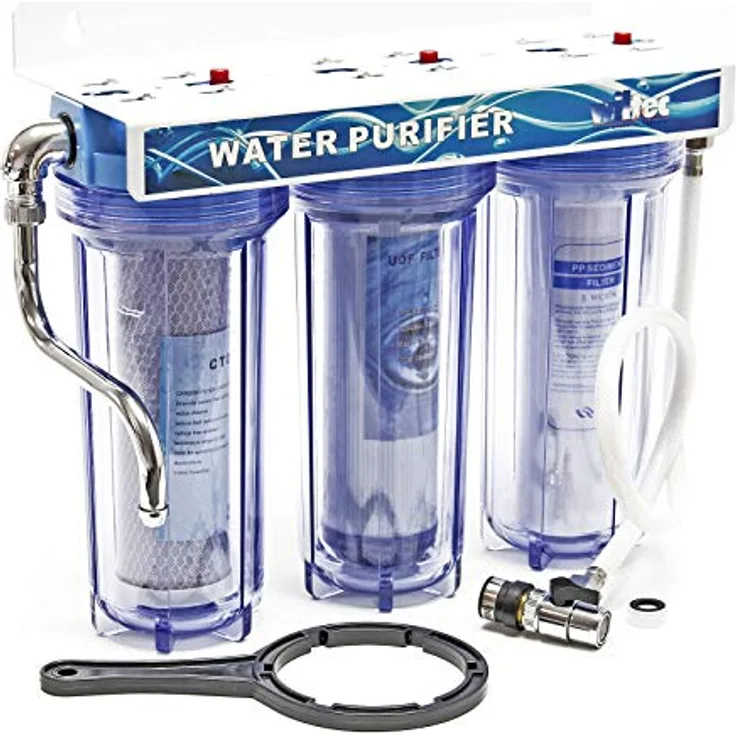 Naturewater NW-PR103 3 Stufen Wasserfilter, 5 µ, 26,16 mm (3/4"), Ø62 mm PP Kartusche, Filter Wandhalterung, Filterschlüssel, Sedimentfilter Aktivkohleblock Aktivkohlegranulat, verbessert Geschmack und Qualität, mit 62mm PP Kartusche, Wandhalterung und Filterschlüssel