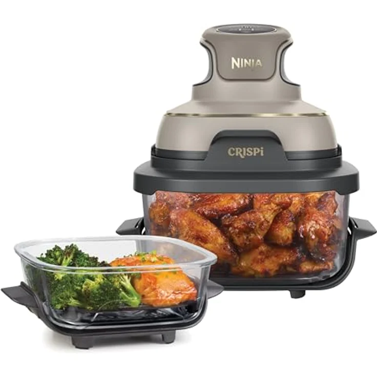 Ninja CRISPi Heißluftfritteuse, 3,8 l, 4-in-1 Multikocher mit 1700 W, Stone Gold, 2 herausnehmbare Glasbehälter, für 6 Portionen – Bild 1
