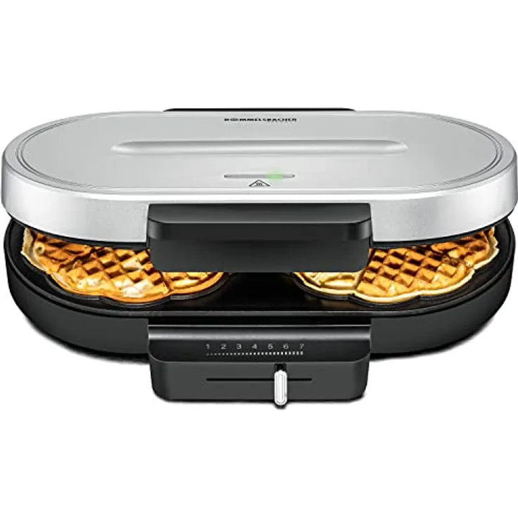 ROMMELSBACHER Waffel Automat WA 1250-2 Herzwaffeln, Backfläche je 16 cm, Antihaftbeschichtung, Backampel, stufenlos regelbar, 1250 Watt, schwarz/silber