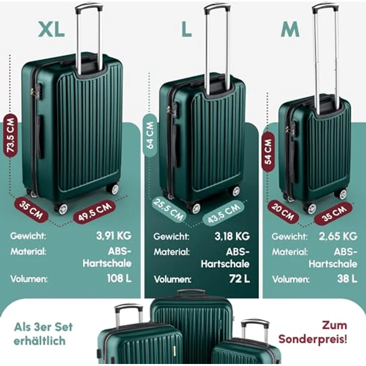 Easy Move ABS Hartschalenkoffer 74cm, Ergonomischer Trolley mit 360° Rollen und Zahlen-Schloss, Dunkelgrün – Bild 5