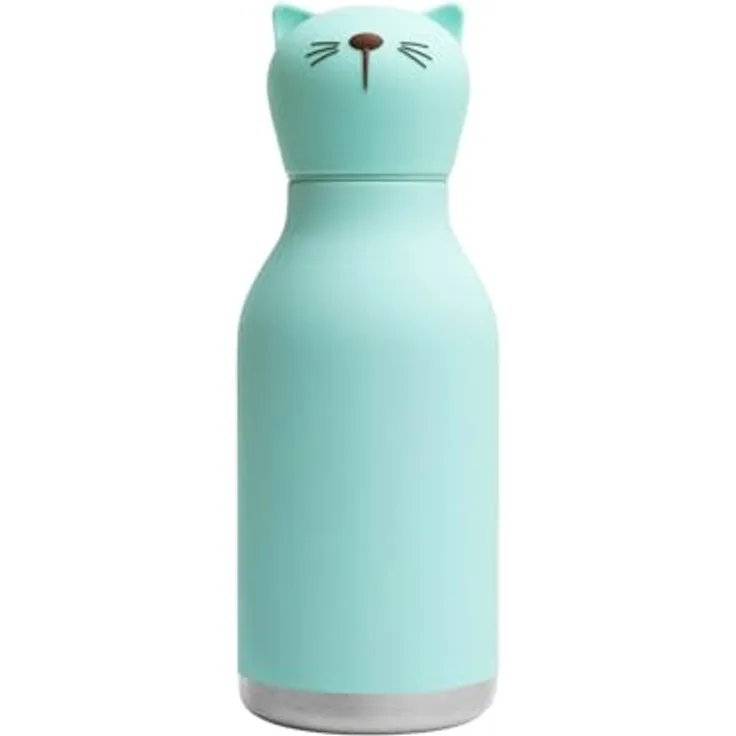 ASOBU Bestie Isolierte Edelstahl-Trinkflasche mit abnehmbarem Tierkopf (Katze), 16 Unzen, wiederverwendbarer Silikon-Strohhalm, auslaufsicher