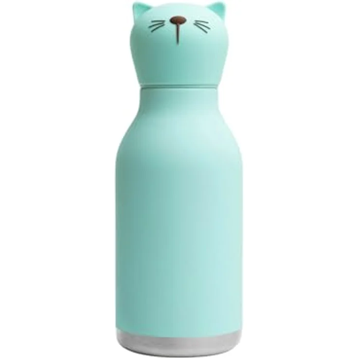 ASOBU Bestie Isolierte Edelstahl-Trinkflasche mit abnehmbarem Tierkopf (Katze), 16 Unzen, wiederverwendbarer Silikon-Strohhalm, auslaufsicher – Bild 1