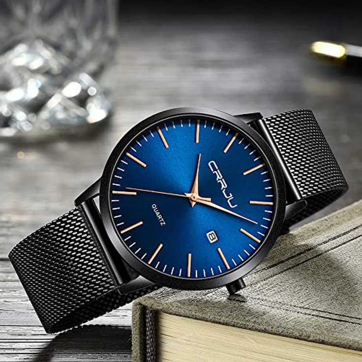 CRRJU Herren Uhr Ultra Dünne wasserdichte Armbanduhr mit schwarzem Edelstahl-Mesh-Armband und analogen Quarzwerk, Blau – Bild 3