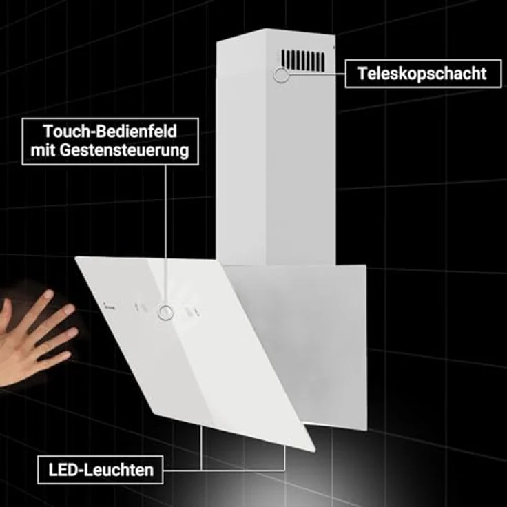 KKT KOLBE Dunstabzugshaube TRIO6025W, 60cm Wandhaube kopffrei mit Gestensteuerung, 782cbm/h, Weiß, Glas, SensorTouch Bedienung, LED-Beleuchtung – Bild 3