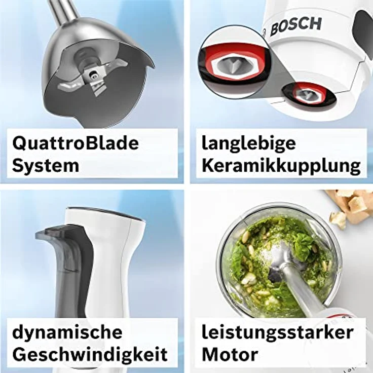 Bosch Stabmixer ErgoMaster Serie 4 MSM4W220, Zerkleinerer, einhändig bedienbar, Edelstahl-Klingen, verschleißfreie Keramik-Kupplung, Mixbecher, QuattroBlade, AntiSplash, Einschaltsperre, 600 W, weiß – Bild 3