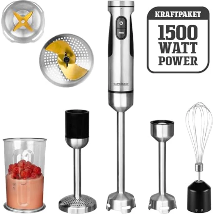 Gastroback Powermix Stabmixer Professional, 1.500W, 20 Geschwindigkeitsstufen, inkl. 5-teiligem Zubehör, silberfarben – Bild 2