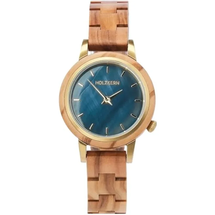 HOLZKERN Damenuhr Quarz Antrim, Zifferblatt mit blauem Perlmutt und goldfarbenen Details, Gehäuse aus hellbraunem Olivenholz, spritzwassergeschützt, 29 mm