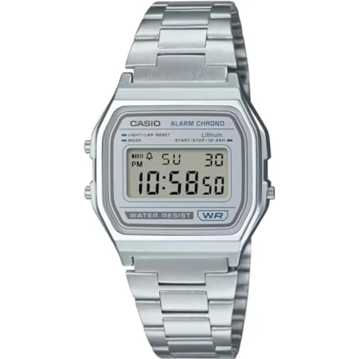 Casio A158WEA-7EF Armbanduhr, digitale Vintage-Uhr in elegantem Blau, mit Stoppuhr, Alarm, Beleuchtung, Edelstahlarmband, wasserdicht bis 3 bar