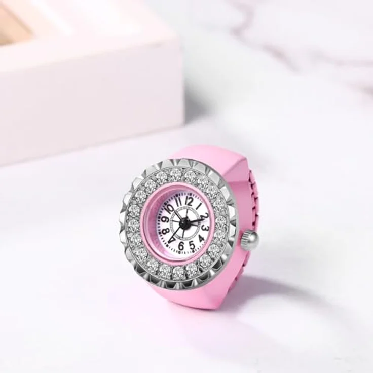JewelryWe Ringuhr Fingeruhr Damen, Elastisch, Glitzer Strass, Rosa Legierung, Analog Quarz Uhr mit Wasserdichtigkeit 10m – Bild 2