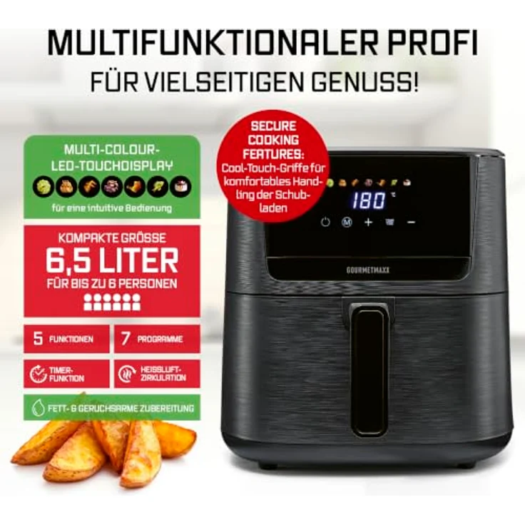 GOURMETmaxx Heißluft-Fritteuse 1600W schwarz, Digital 6,5L, 7 Programme, temperatureinstellbar von 80°C bis 200°C – Bild 3