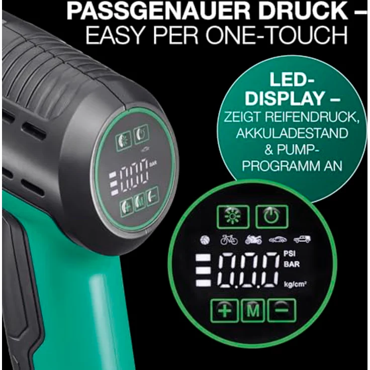 EASYmaxx Akku-Handstaubsauger & Luftkompressor, 11,1V schwarz/grün, mit LED-Display und 5 Pump-Programmen – Bild 4