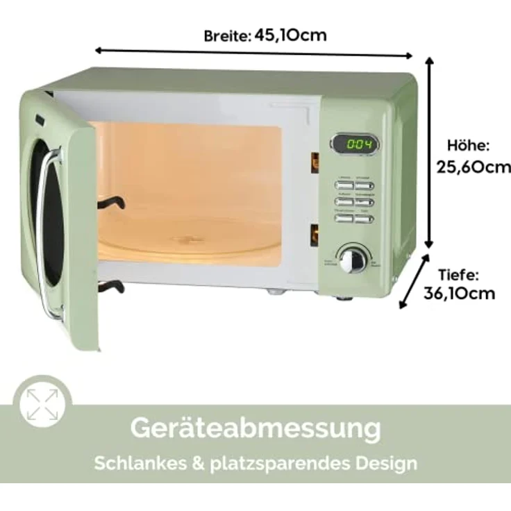 PKM WOLKENSTEIN Mikrowelle WMW720, Retro, Standgerät, 700 Watt, grün, 20 Liter Garraum, 8 Automatik-Programme, Drehteller, 60 Min Timer, Kindersicherung – Bild 6