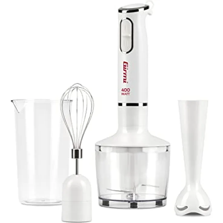 Girmi MX16 Stabmixer 3-in-1, 400 W DC-Motor, 2 Geschwindigkeitsstufen, Edelstahlklingen, inkl. 700-cc-Messbecher, Weiß