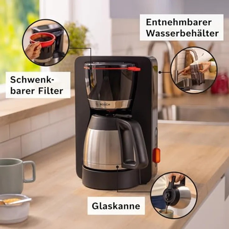 Bosch Filterkaffeemaschine MyMoment TKA6M273,1200 W, Edelstahl-Thermokanne 1 l, für 8-12 Tassen, Aroma intense, Entkalkungsprogramm, Schwarz matt/Edelstahl – Bild 3
