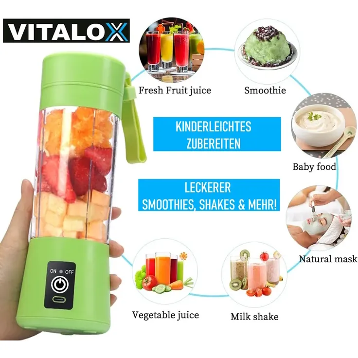 VITALOX Elektrischer Smoothie Maker Standmixer Mini Mixer Blender Shaker m. Akku - Grün 380ml, 6 superscharfe 3D-Klingen, 2000mah 3.7V – Bild 3