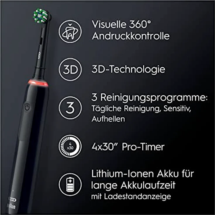 Oral-B Pro 3 3000 Pure Clean Elektrische Zahnbürste/Electric Toothbrush, 2 Aufsteckbürsten, 3 Putzmodi & visueller 360° Andruckkontrolle für Zahnpflege, Aktivkohle Borsten, Designed by Braun, schwarz – Bild 5
