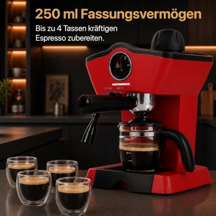 Heinner HEM-200RD, Espressomaschine mit 800 W, 0,25 l Wassertank, Edelstahlfilter und Glaskanne, Rot – Bild 10