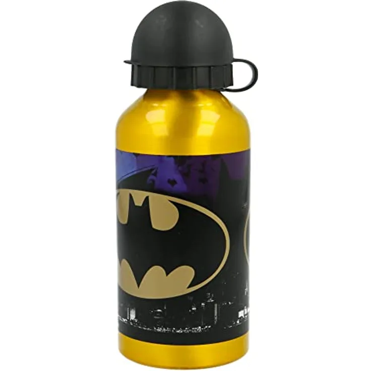 Batman Aluminium Trinkflasche 400 ml mit Sicherheitsverschluss für Kinder, Robuste Konstruktion und cooles Batman-Symbol