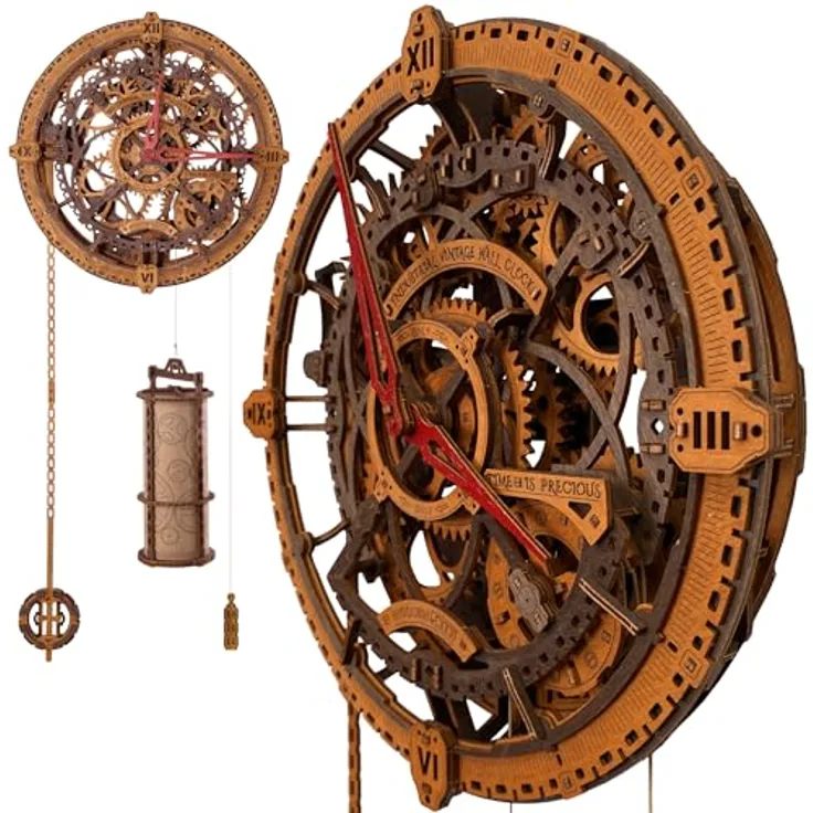 WoodenCity 3D-Holzpuzzle Wanduhr, Industrielle Vintage-Wanduhr mit präzise gearbeiteten Zahnrädern und hochwertigem Holz