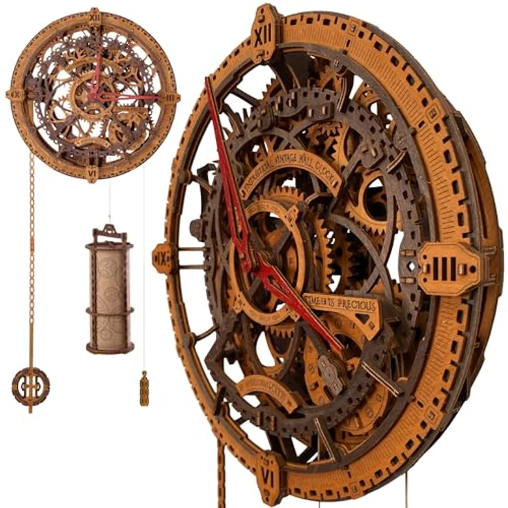 WoodenCity 3D-Holzpuzzle Wanduhr, Industrielle Vintage-Wanduhr mit präzise gearbeiteten Zahnrädern und hochwertigem Holz – Bild 1