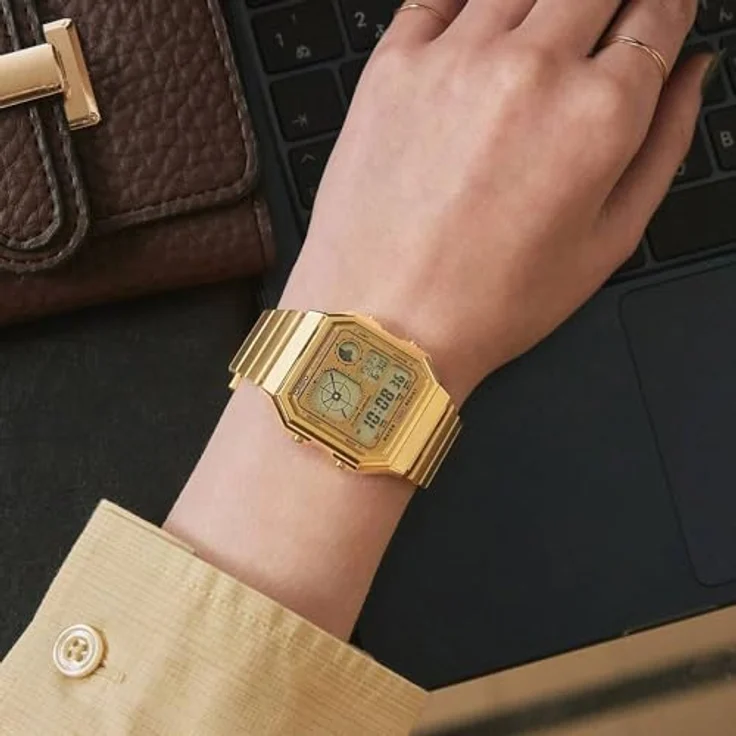 Casio Watch A130WEG-9AEF, Digitaluhr mit analogem Display, Gold Edelstahlband, Kalenderfunktion, Stoppuhr, Alarm, 3 bar wasserdicht, 35 x 40 mm – Bild 2