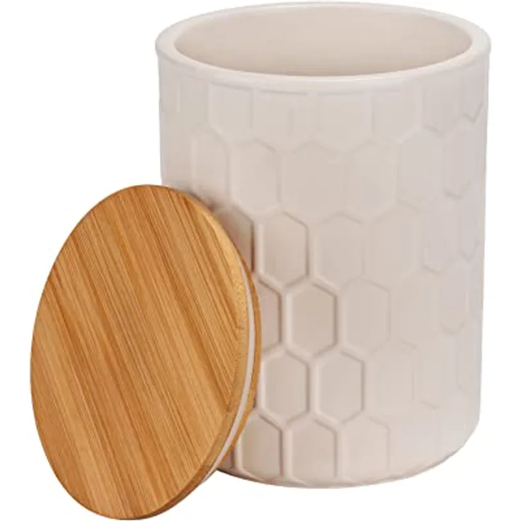 WENKO Aufbewahrungsdose Maya aus hochwertiger weißer Keramik mit Wabenstruktur, spülmaschinengeeignete Dose mit luftdicht verschließbarem Deckel aus Bambus, FSC® zertifiziert, 1,3 L, Ø 13 x 17 cm