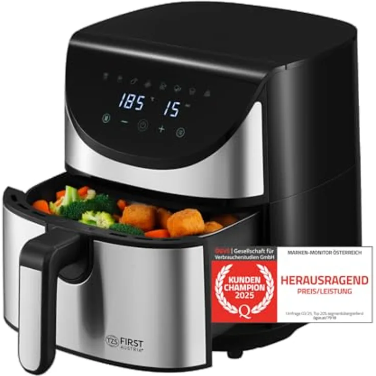 TZS First Austria Air Fryer | 5,8 L | 80-200°C | 8 Programme | Digitalsteuerung | Antihaftbeschichtung | 1700 W | Timer | Edelstahl-Heizelement, Heißluftfritteuse in Silber