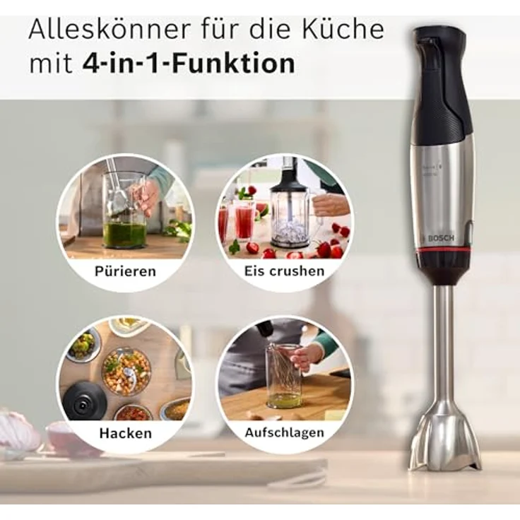 BOSCH Stabmixer ErgoMaster Serie 6 MSM6M652, 1000 W, Edelstahl, Zerkleinerer und Mixer mit Mixbecher und Schneebesen, Luftkühlung, 10 Jahre Motorgarantie – Bild 3