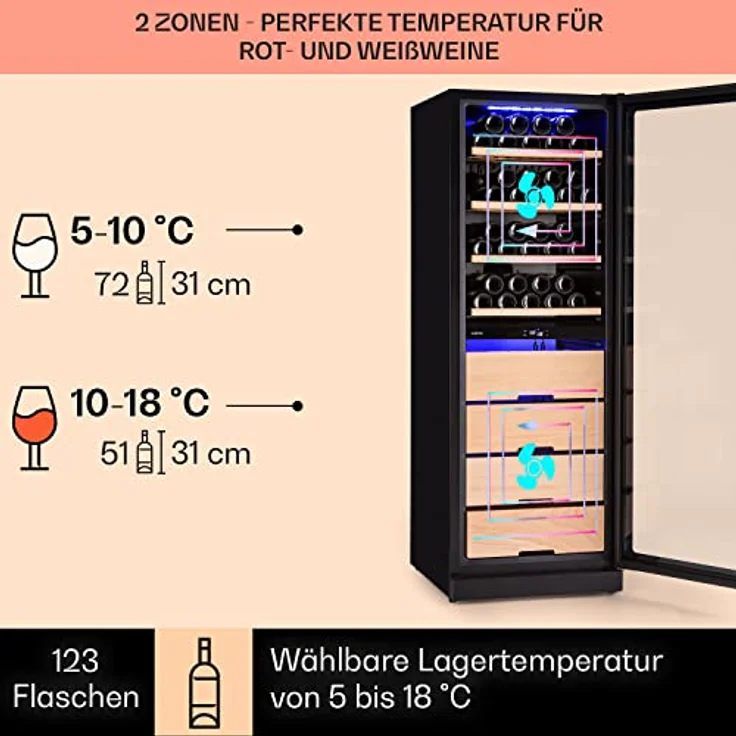 Klarstein Weinkühlschrank, 2 Zonen Kühlschrank mit Glastür, Klein, UV-Schutz, 5-18°C, 123 Flaschen – Bild 3