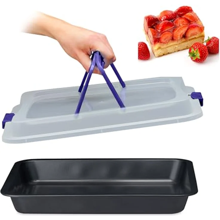 relaxdays Backblech mit Deckel, 3-in-1 Kuchenform aus Carbon-Stahl und Kunststoff, blau – Bild 1