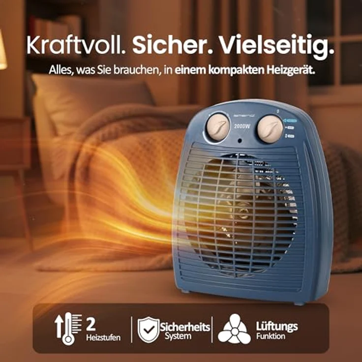 Emerio Heizlüfter FH-106737.12, 2000W Heizgerät für Räume bis 25 m², 2 Heizstufen, Ventilationsfunktion, einstellbarer Thermostat, Sicherheits-Kippschutz, Blau – Bild 4