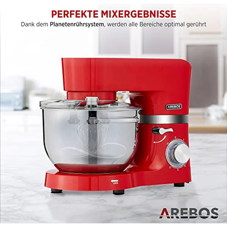 Arebos Küchenmaschine 1500W Rot | Knetmaschine mit 2x Edelstahl-Rührschüsseln 4,5 & 5,5L | Geräuscharm | Küchenmixer mit Rührhaken, Knethaken, Schlagbesen und Spritzschutz | 6 Geschwindigkeiten – Bild 5