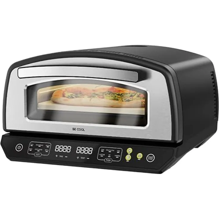 BE COOL Multifunktions Pizzaofen mit Pizzastein 33 cm, 2000W, 450°C, 6 Programme, Touchdisplay, Ober-/Unterhitze, Grillen und Braten
