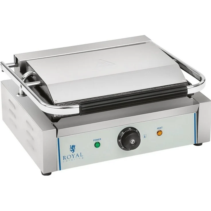 Royal Catering Kontaktgrill RCKG-2200-G, Elektrogrill mit 2200 W Leistung, geriffelte Gusseisenplatten, Edelstahl-Gehäuse – Bild 1