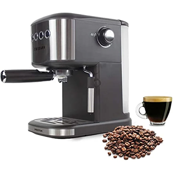 PRIXTON Toscana-Kaffeemaschine, halbautomatisch, für Kaffeekapseln und gemahlenen Kaffee, 20 Bar Druck, schwarz Edelstahl, 1,25 Liter Wassertank, mit Dampfdüse für Milchaufschäumung – Bild 2