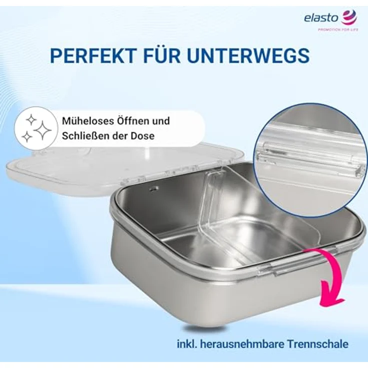 elasto Lunchbox Storage, Brotdose für Kinder 1000 ml aus Edelstahl mit herausnehmbarer Trennwand, BPA-frei und auslaufsicher – Bild 4