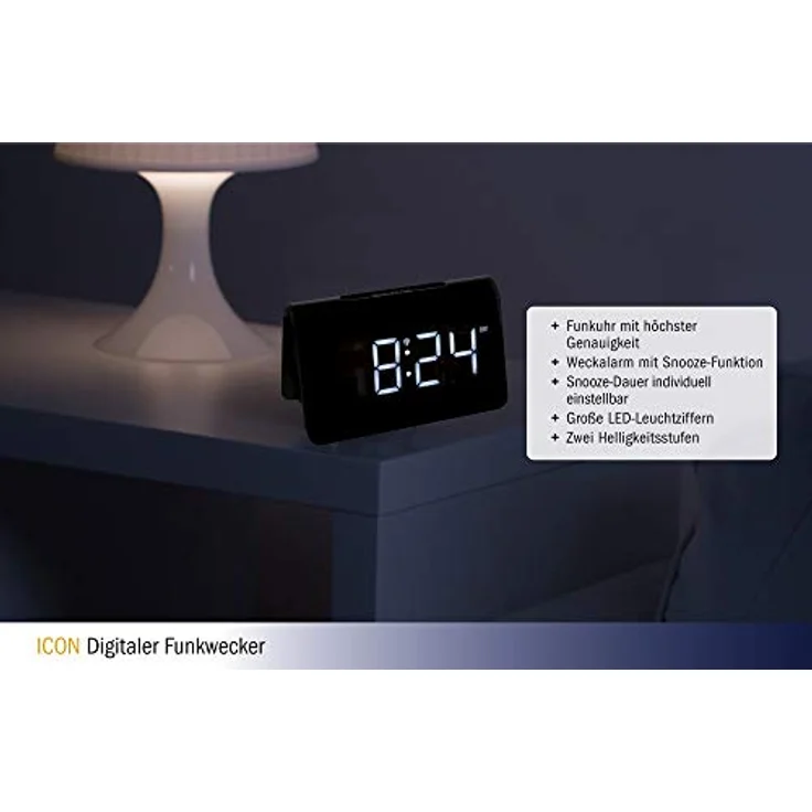 TFA Dostmann Funkwecker ICON TFA 60.2543, schwarz, mit LED Leuchtziffern und Funkuhr – Bild 5